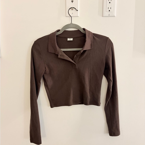 Aritzia Tops - Aritzia Brown Long Sleeve Cropped Polo Top